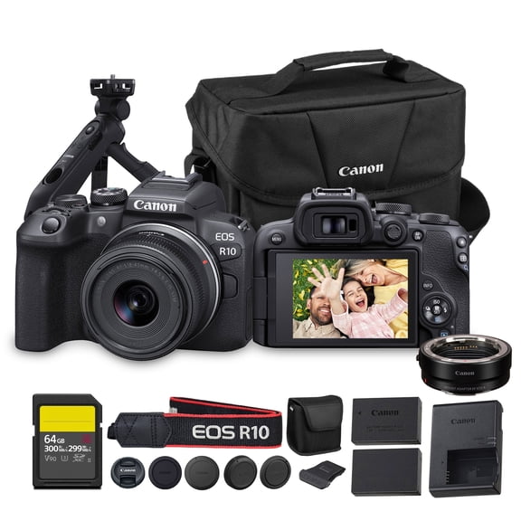 Canon EOS R10 Mirrorless Camera with RF-S 18-45mm Lens EF-EOS R Adapter 64GB Card Tripod Grip Bag