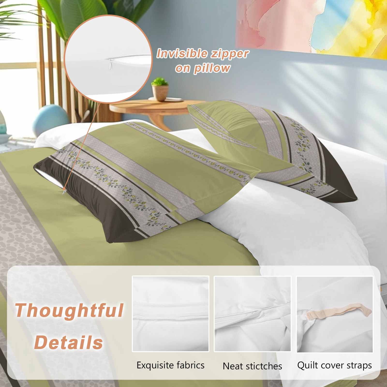 Sage Green Floral Bedding 3 Piece Duvet Cover Set California King, Modern Farmhouse Leaves Brown Striped Microfiber Comforter Cover with Zipper Closure & Pillowcases, FadeResistant Quilt Cover