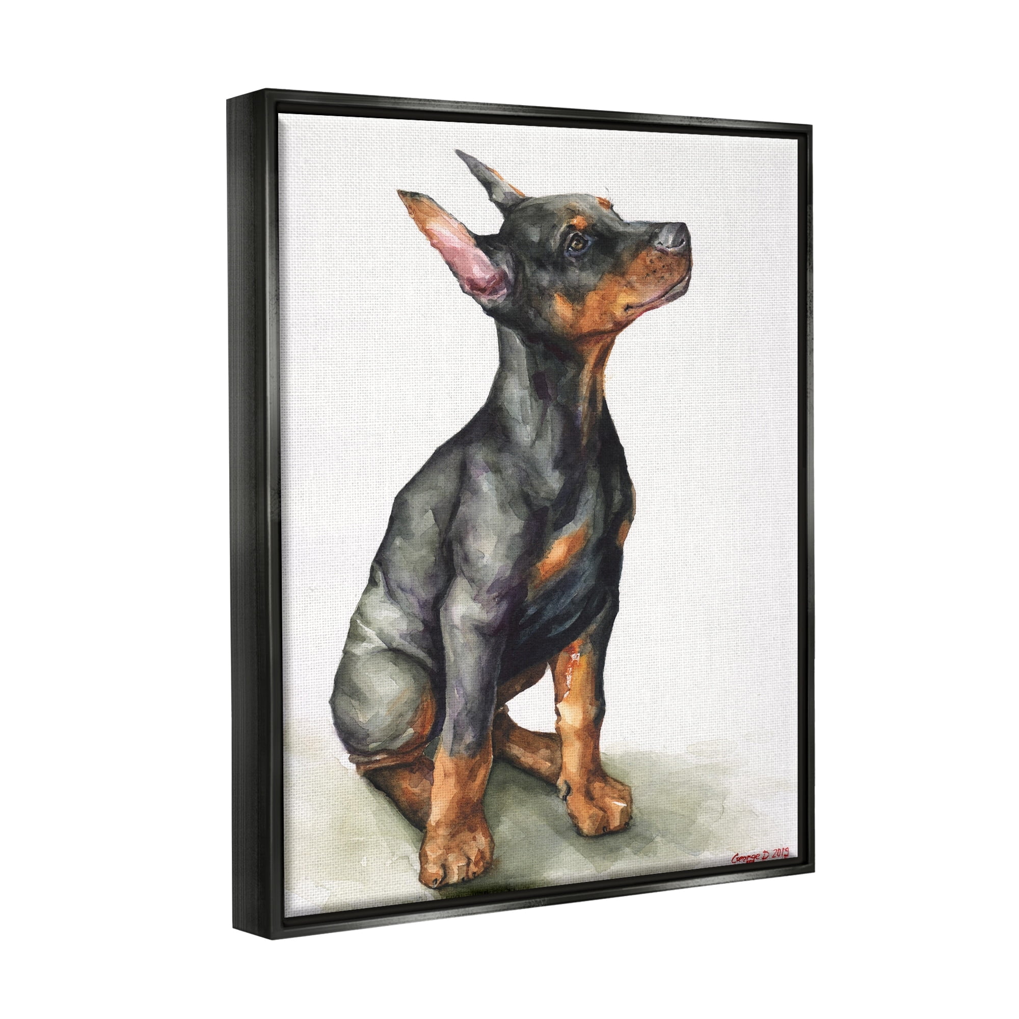 Stupell Industries Doberman Puppy Dog Pet Animal Watercolor Painting Jet Black Framed Floating Canvas Wall Art, 24x30, by George Dyachenko