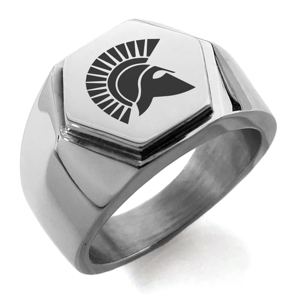 Stainless Steel Ares Greek God of War Engraved Hexagon Crest Flat Top Biker Style Polished Ring