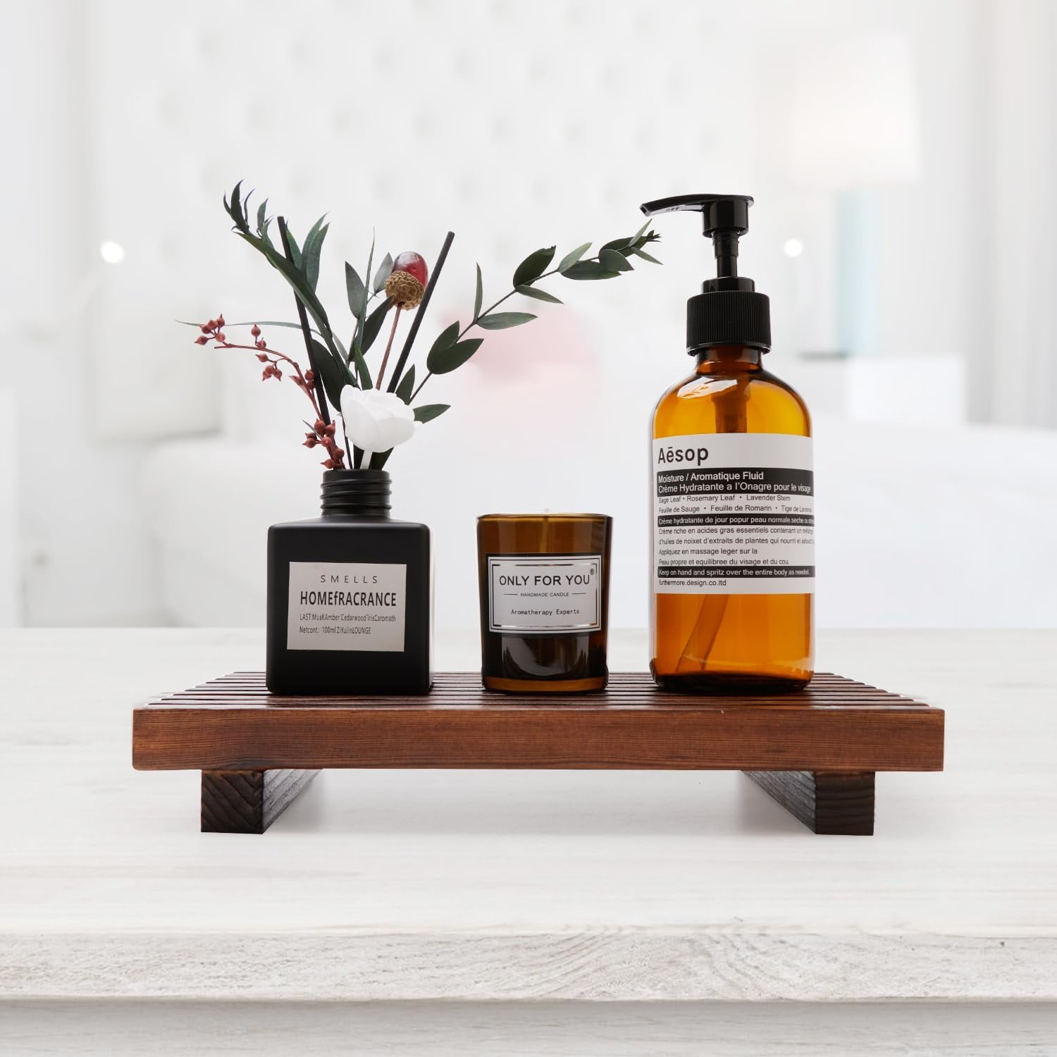 Black Wooden Bathroom Vanity Tray, Farmhouse Countertop Organizer & Riser Stand for Kitchen Sink, Soap Dispenser Holder & Home Decor