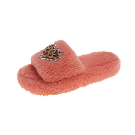 

uikmnh Women Slippers Leopard Print Rhinestone Love Plush Shoes Thick-soled Cotton Slippers Orange 8