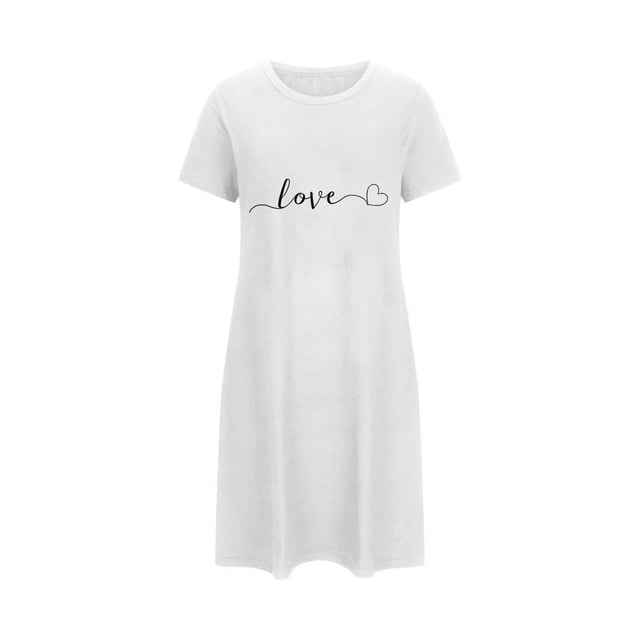 Oksale Robe de Nuit de la Saint-Valentin pour Femmes Douce et Confortable à Manches Courtes Grande Taille Robes Mignonnes Imprimées à Col Rond Mini Tenue de Nuit Décontractée Ample Respirante Robes de Nuit Blanc TG