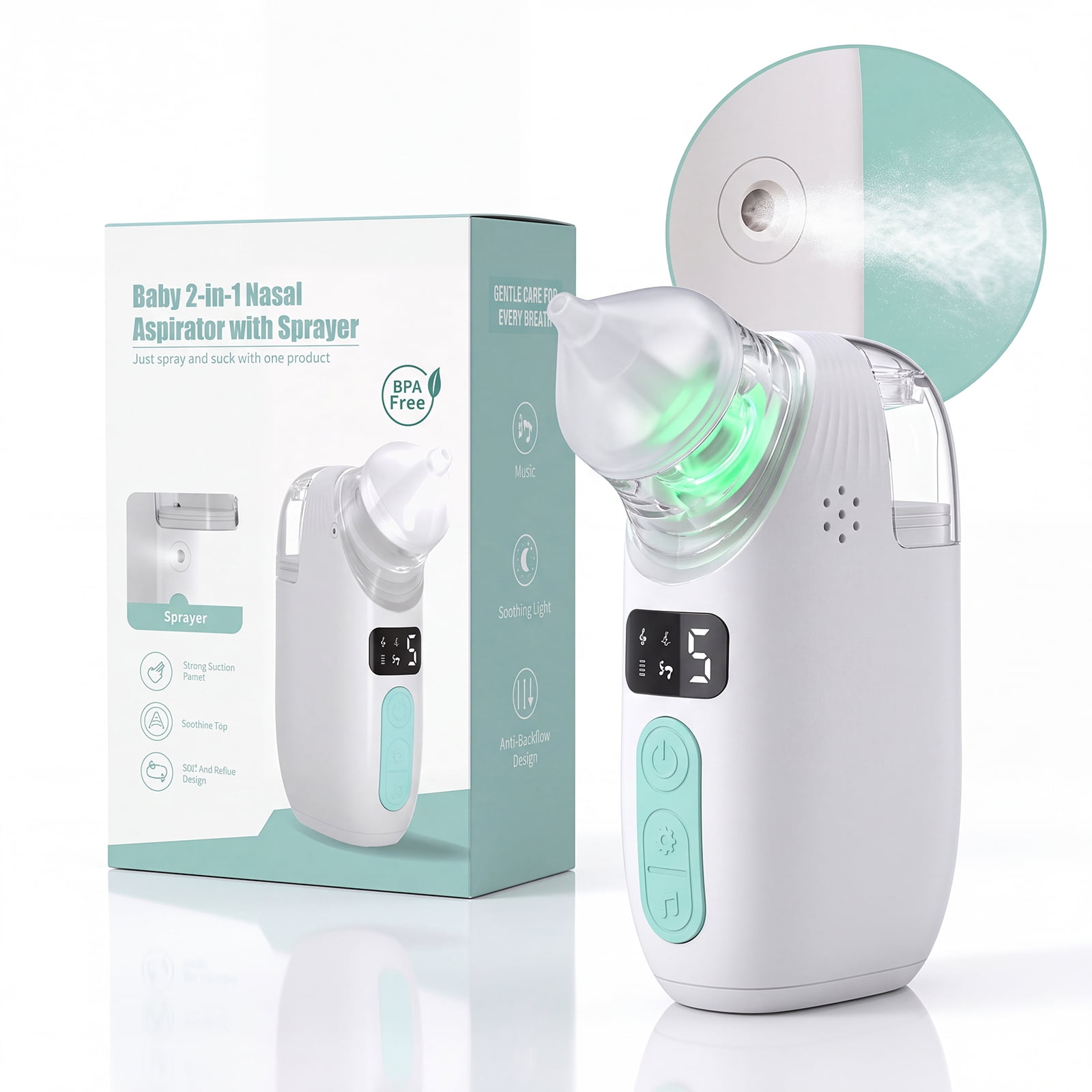 2-in-1 Nasal Aspirator for Baby with Spray, 65kPa Electric Nose Sucker with 5 Adjustable Suction Levels, Soothing Light & Music, Baby Shower & Registry Gifts
