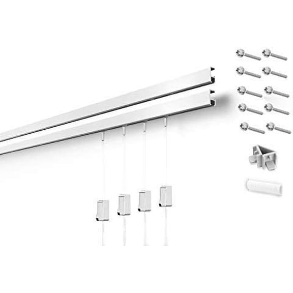 STAS Minirail Picture Hanging System Set - Covers 9.84 ft of Wall Space - Smallest Picture Rail & Art Hanging Gallery Kit for Art Display White Rails, Includes 4 Hooks & Cords