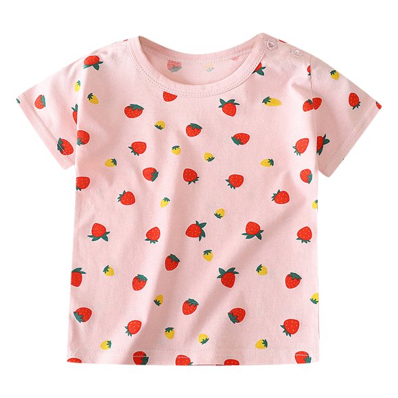 ZHUASHUM Baby Tops For Boys Girls Short Sleeve Round Neck Fashion Cartoon Car Print Toddler Shirt Strawberry Love Shirt Tops Outwear Daily Clothes For Pink 6-12 Months