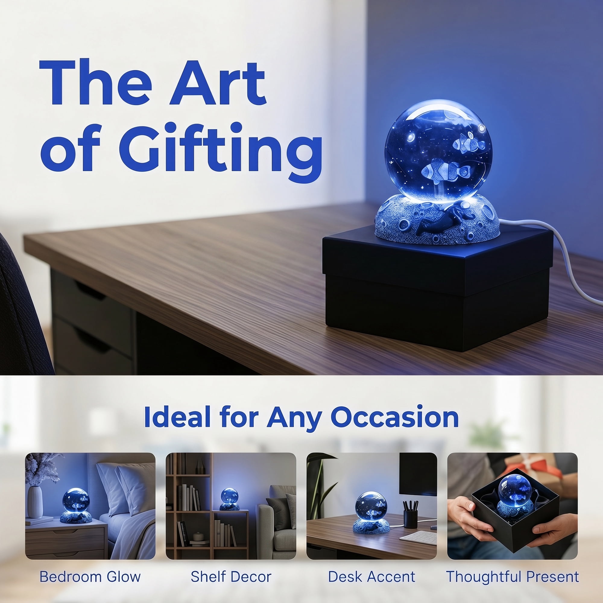 Unique Bargains Glowing Crystal Ball 3D Glass Ornament with LED Light Base Blue Style D