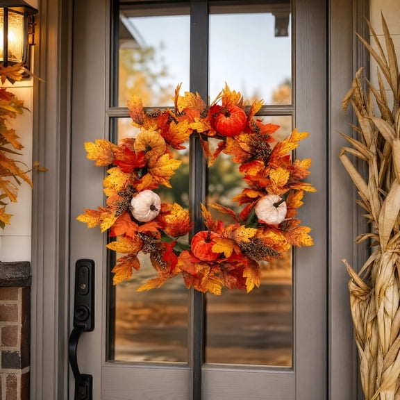 Autumn Pumpkin Maple Leaf Wreath, Thanksgiving Holiday Decor, Fall Harvest Decoration, Halloween Door Accent, Seasonal Fireplace Decor, Window Fence Hanging