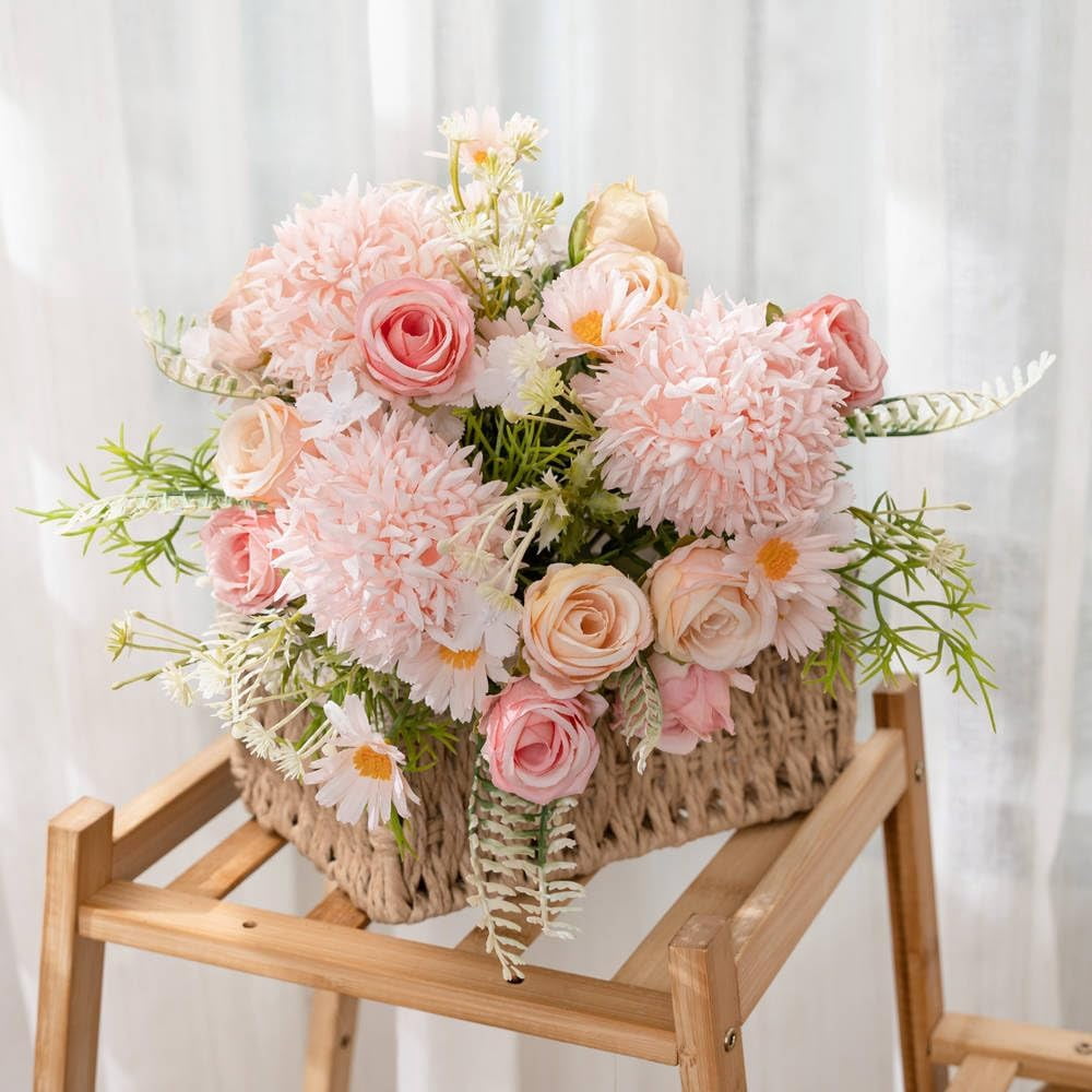 KIRIFLY Artificial Flowers, Fake Rose Silk Bouquet Decor Plastic Daisy Flower Arrangements Wedding Decoration Table Centerpieces 3 Packs (Pink Champagne)