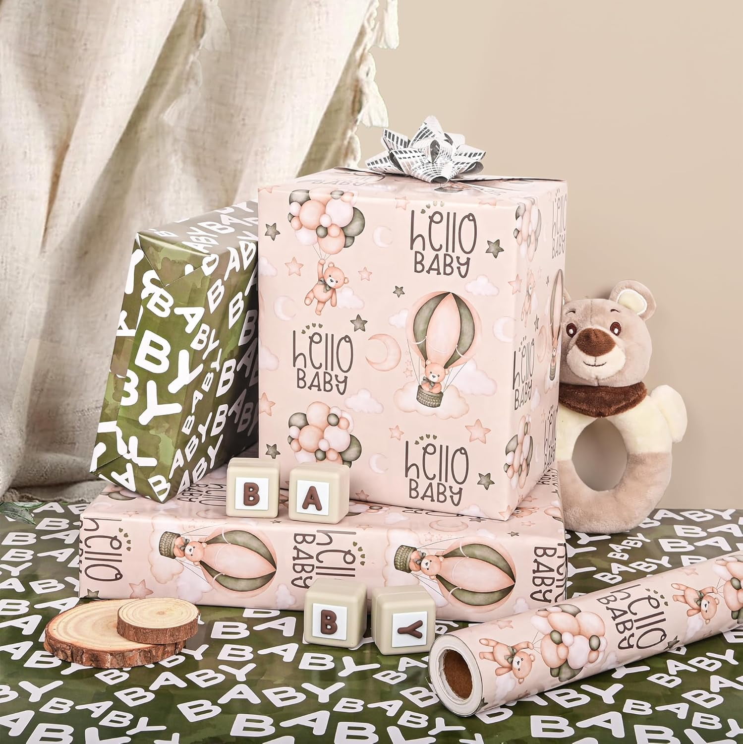 Reversible Baby Shower Wrapping Paper Roll Baby Gift Wrap with Green Brown Bear Balloons and Baby Words Pattern for Girls Boys Wedding Neutral Baby Shower Birthday Party - Total 28.5sq.ft