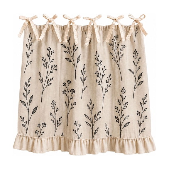 Farmhouse Oven Curtain with Ties & Ruffle Trim Black Botanical Pattern Cozy Stove Skirt for Cabinet Seasonal & Everyday Kitchen Decor
