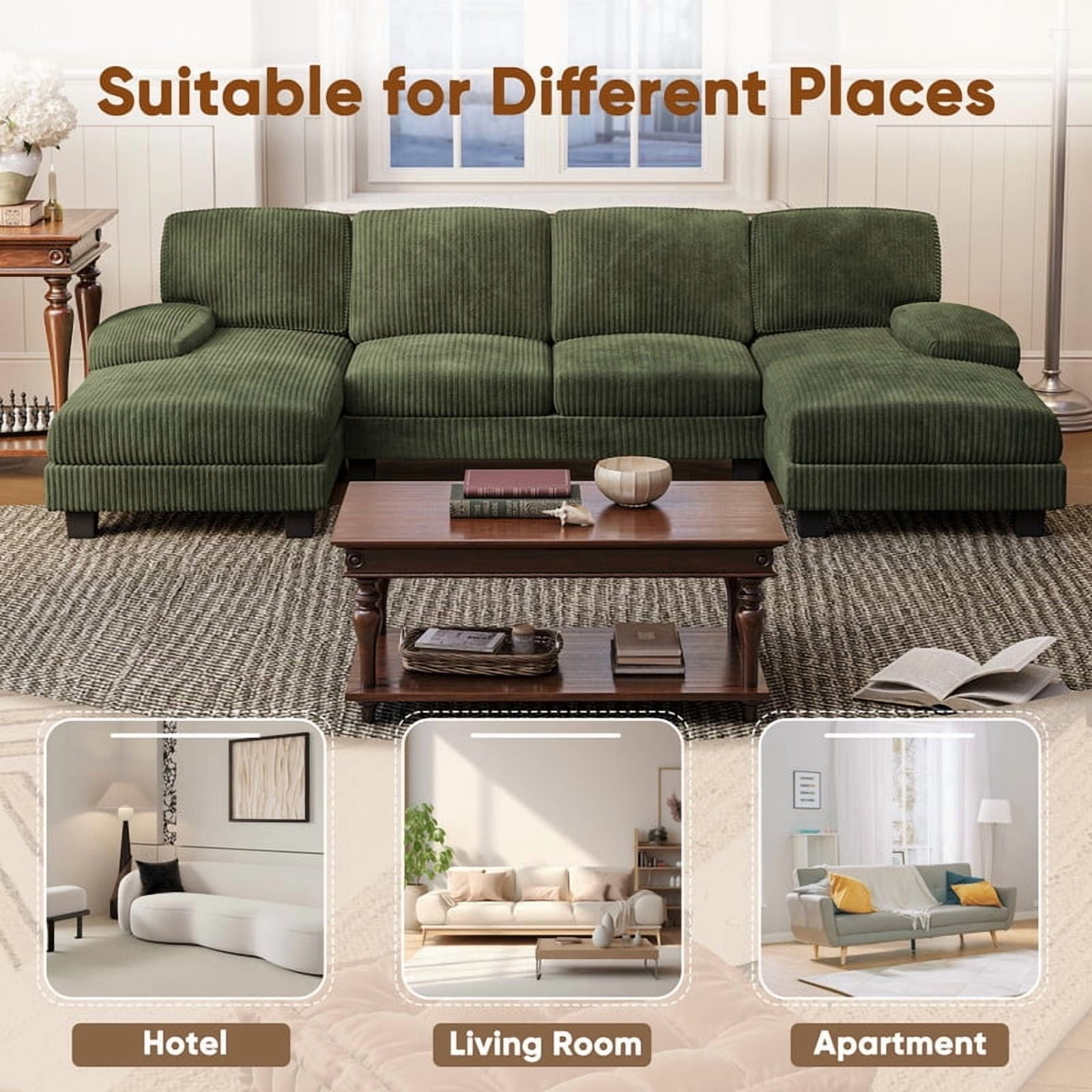 Furmax U Shaped Sectional Sofa Couch with Double Chaise for Apartments,Corduroy Green