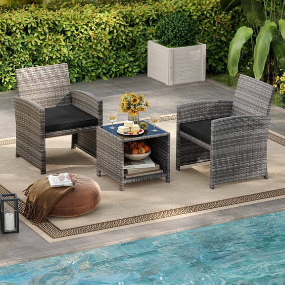 Demifill 3 Pieces Patio Furniture Set with Tempered Glass Coffee Table and Soft Seat Cushions, Patio Conversation Set for Outdoor as Garden, Backyard, Porch, Black