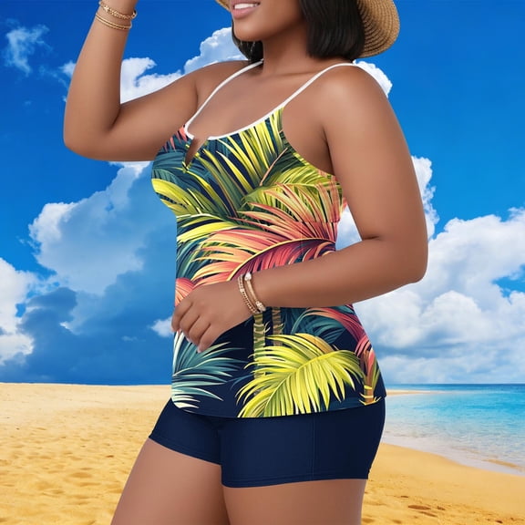 FNFYFH Plus Size Tankini Swimsuits for Women Two Piece Modest Bathing Suits Floral Print Tank Top with Boyshorts