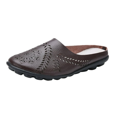 

Women s Summer Solid Color Leather Bottom Flat With Hollow Women s Single Shoes Round Head Le Fu Four Seasons Lazy People Shoes Half Slippers