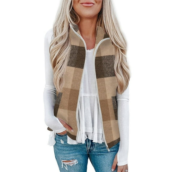 Fanxing Women's Plaid Fleece Vests Zip Up Collared Sleeveless Sherpa Jacket Crop Warm Outerwear with Pockects Khaki M