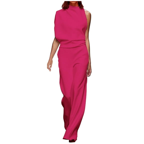KBODIU Jumpsuits for Women Casual Loose Sleeveless Wide Leg Pants Summer Straps One Shoulder Pleated High Waist with Pockets Rompers for Women Hot Pink L