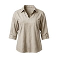 thumbnail image 2 of Women 3/4 Length Sleeve Shirts Lapel V Neck Solid Color Summer Tops Soft Cotton Casual Loose Fit T-Shirts (S, Beige), 2 of 7