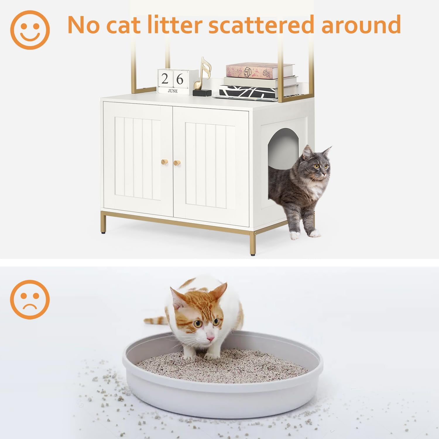 Cat litter box, cat litter box furniture with double-layer storage shelves, wooden cat restroom furniture with metal frame, modern style, white and gold