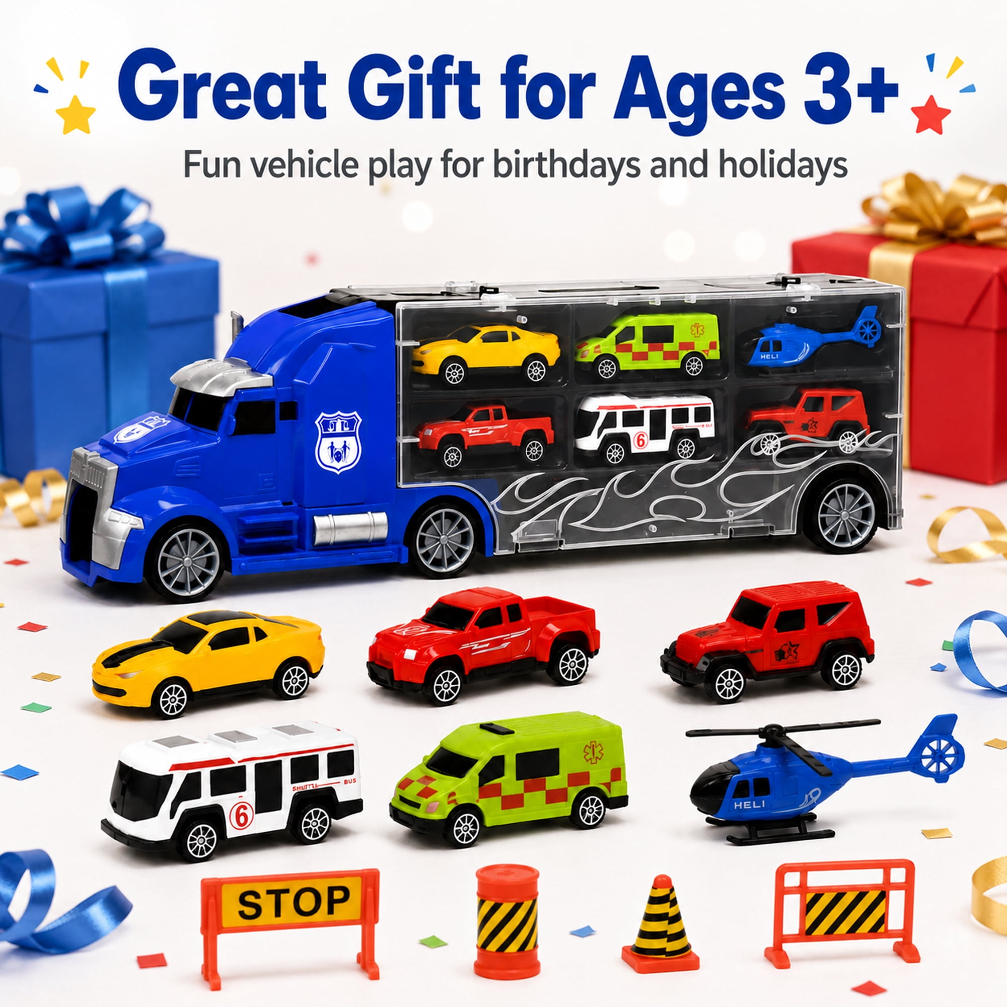 11-Piece Toy Truck Carrier Set with Mini Vehicles, Big Rig Transporter Playset with Cars, Helicopter, Bus & Road Signs, Storage Truck Toy for Kids Ages 3+