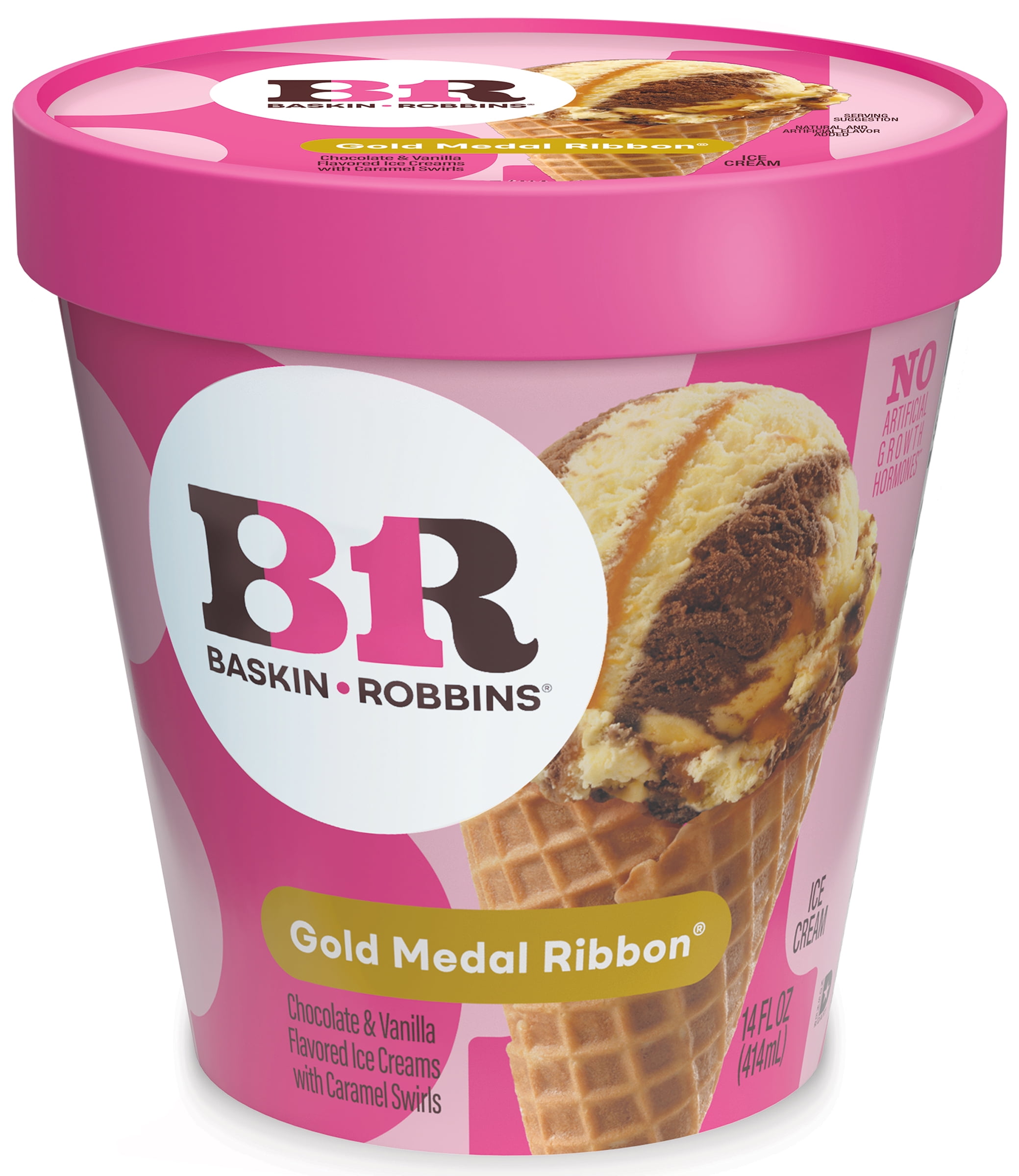 Baskin-Robbins Gold Medal Ribbon Ice Cream, 14 fl oz Cup – Chocolate and Vanilla Ice Cream with Caramel Swirl