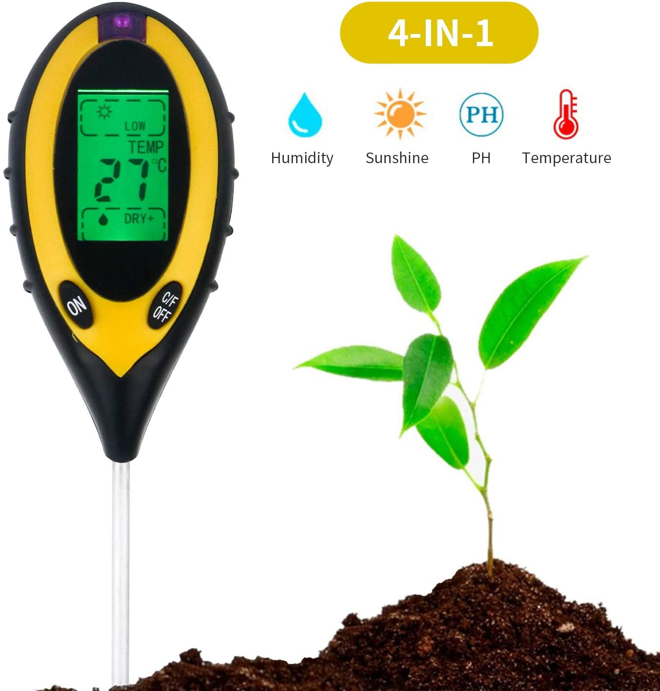 Soil Tester for Indoor Outdoor Soil Testing Kits PH/Sunlight/Air Temperature/Moisture 