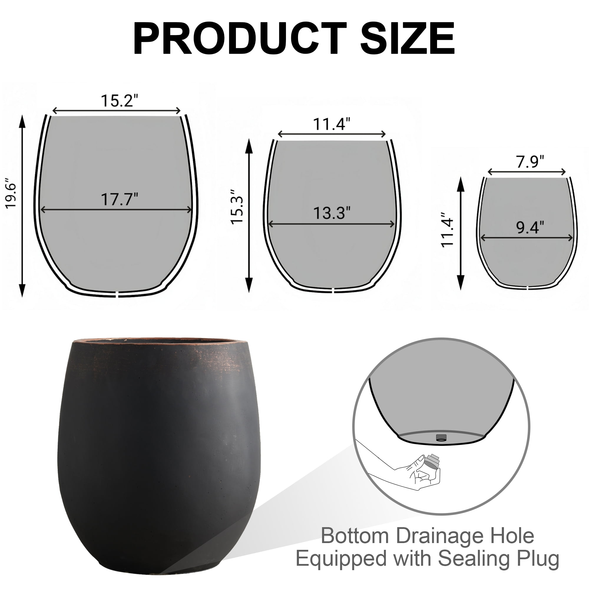 Wallowa 17.7"+13.3"+9.5" Dia Round Concrete Planter Set of 3, Black with Gold Rim, Large Flower Pots with Drainage Holes