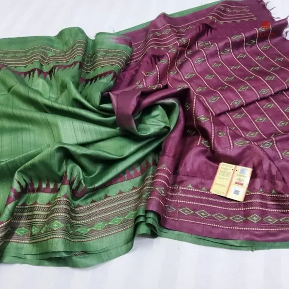 Emerald Green Pure Tussar Silk Embroidered Saree