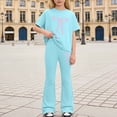 thumbnail image 2 of OSOLU Children Girls Outfits Summer Casual Bow Print Short Sleeve Tees and Long Pants 2 Piece Comfortable Daily Wear Travel Holiday Clothing Sets, 2 of 4