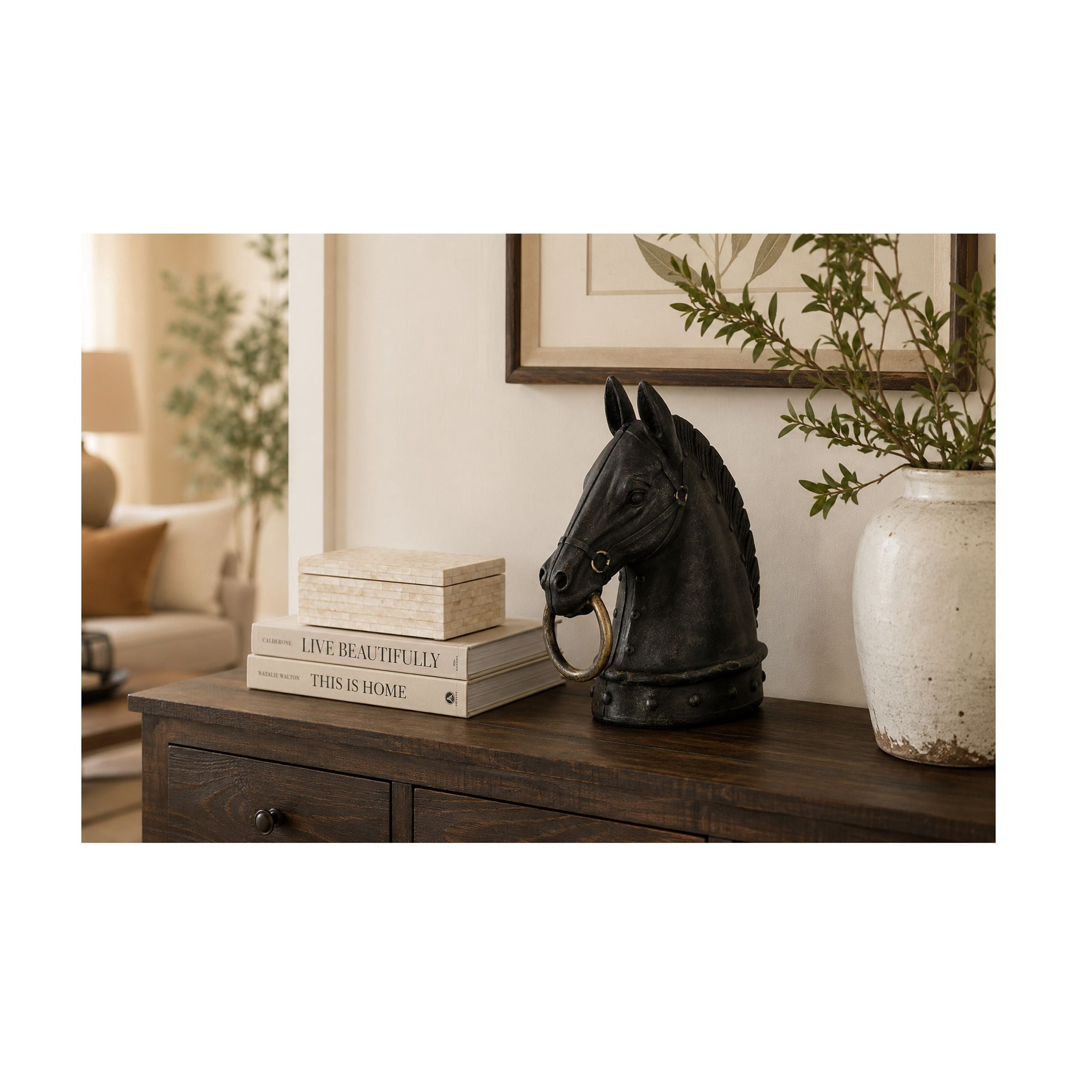 9" x 12" Black Polystone Antique Style Head Horse Sculpture with Hitching Post and Gold Accents, by DecMode