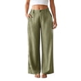 thumbnail image 4 of Womens Wide Leg Linen Pants Summer Beach High Waisted Cropped Flowy Pants Dressy Casual Beach Pants with Pockets(Green,M), 4 of 5