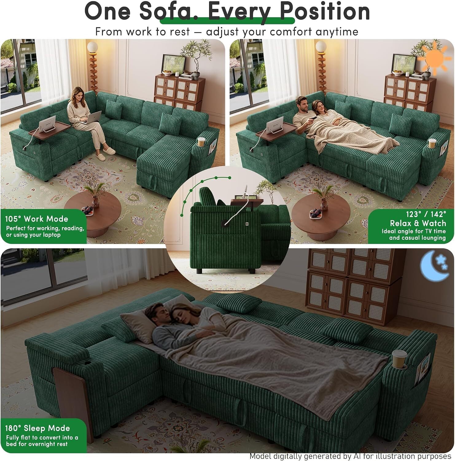 avobird 100'' Pull-out Sofa With USB ports, Table Board and Cup Holder, Comfortable Soft Cushioned Corduroy Fabric Sofa Bed, Extra-large U-shaped Combination Storage sofa bed, Green
