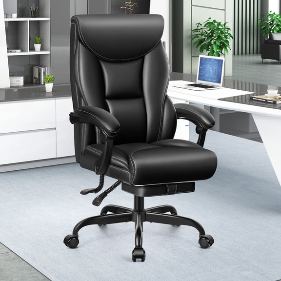 ATHOPE Leather Office Chair, Executive Office Chair with Footrest High Back Support, Big and Tall Ergonomic Desk Chair, Adjustment Computer Chair 360°Swivel Free, Black