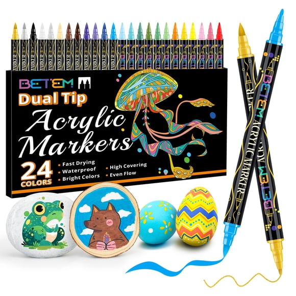 Betem Acrylic Paint Markers, Dual Tip 24 Colors Acrylic Paint Pens with Brush Tip and Fine Point, Art Supplies for Rock, Wood, Canvas, Stone, Glass, Ceramic, Rock Painting Gift