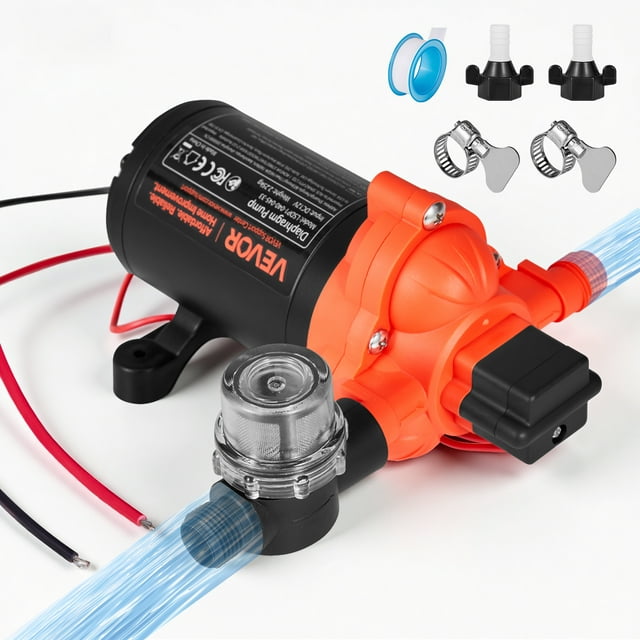 VEVOR RV Water Pump, 12V DC 4 GPM (15.1 L/min), 3-Chamber Self-Priming Diaphragm Water Pump with Automatic Pressure Switch, 40 PSI Max Pressure, On Demand for RV, Caravan, Marine, Yacht, Car Washing