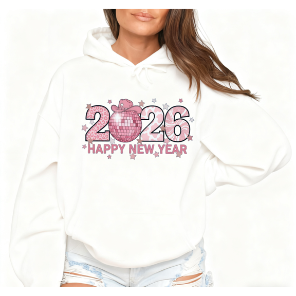 Pink 2026 Happy New Year Print Hoodie Graphic Sweatshirt White S-2XL Tops