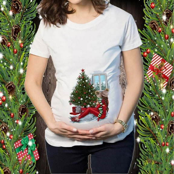 Tejiojio Maternity/Labor/Nursing Clothing Clearance Christmas T-shirt Elk Snowman Cartoon Print Maternity Clothing Short Sleeve Top Pregnancy T-shirt