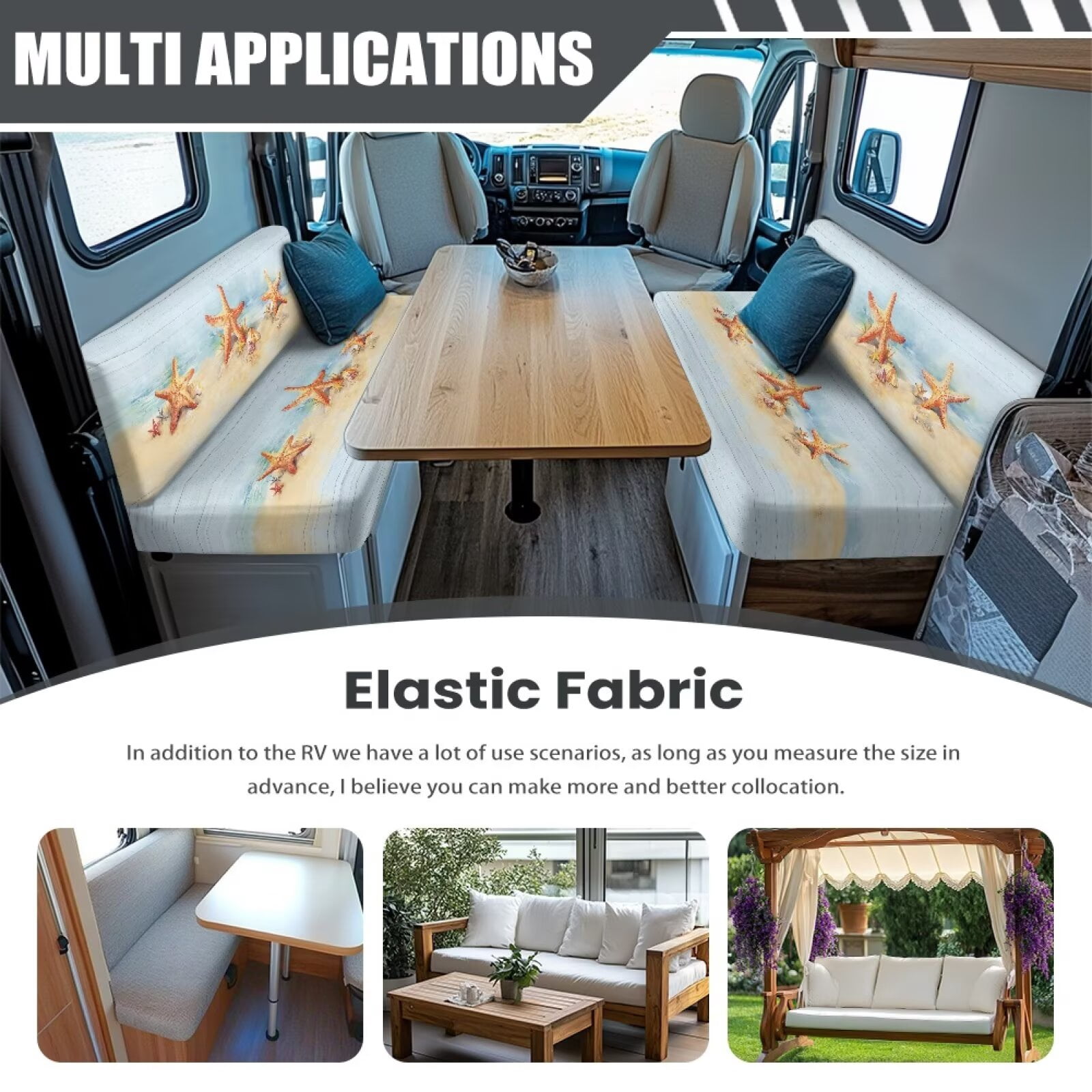 Uorisanigo 2 Pcs RV Dinette Cushion Covers Washable Beach Starfish RV Dinette Seat Covers Stretch Sofa Seat Slipcovers Easy to Install Machine Washable(1 Bench & 1 Backrest Cover)
