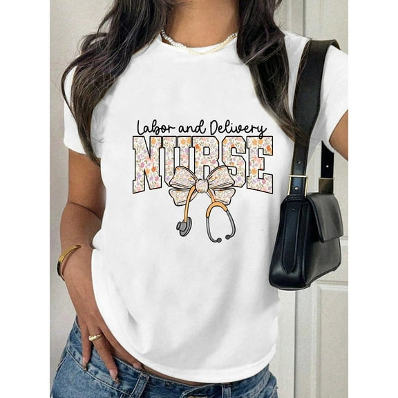 Letter Graphic Tee T Shirt Top Stethoscope Bow Design Medical Short Sleeve Crew Neck White S-5XL