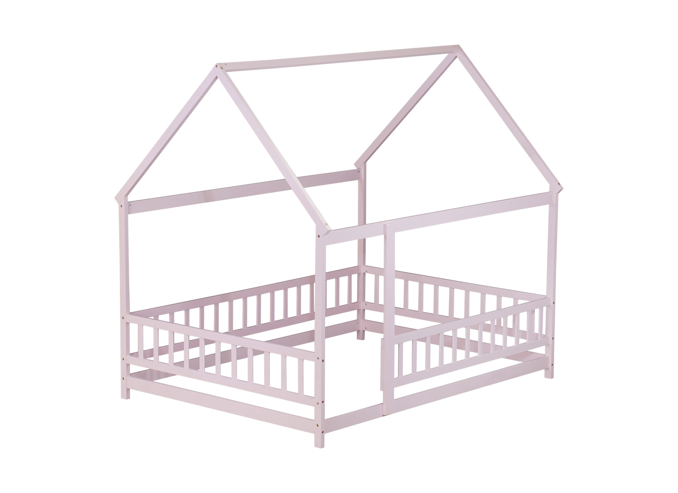 Aukfa Full Size House Bed with Roof, Wood Floor Bed Frame with Fence for Kids Toddler, Pink