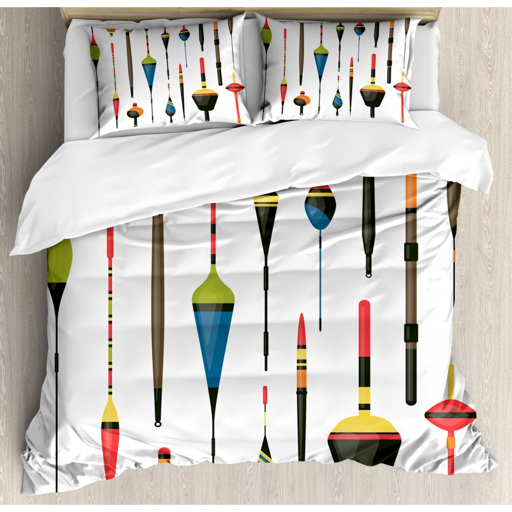 Fishing Theme Duvet Cover Set, Colorful Fisherman Rods and Plastic Fish