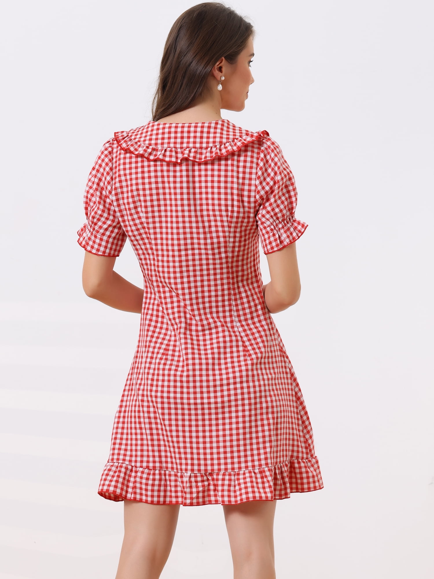 DARING DIVA Gingham Print Ruffled Doll Collar Puff Sleeve Mini Dress S Red