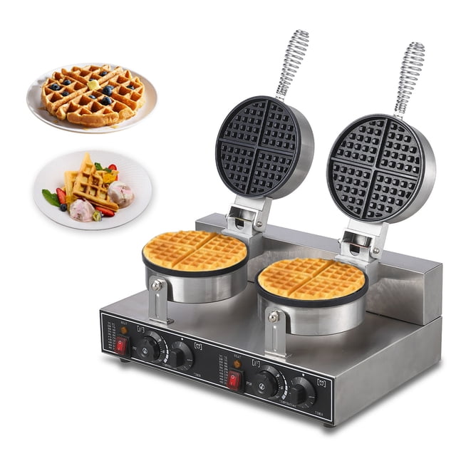Bingirl Commercial Waffle Maker Non-Stick Rotatable Waffle Baker Machine Stainless Steel Round Commercial Waffle Maker for Restaurant Home Kitchen 1300W 110V