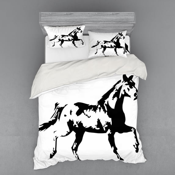 Ambesonne Animal Bedding Set 4 Pcs, Running Horse Silhouette, Queen, Black and White