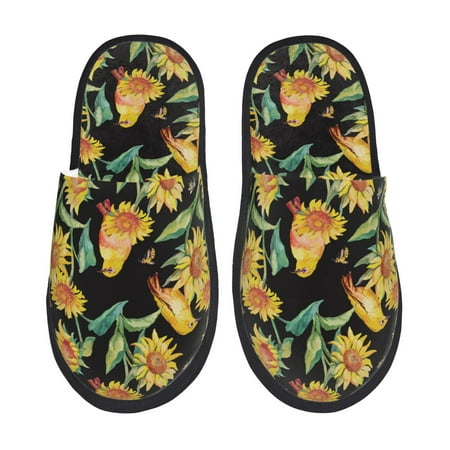 Balery Sunflowers And Bird Slient Indoor Furry Fleece Comfort House Shoes Soft Non-Slip Home Shoes Cotton slippers House Slippers-- Medium