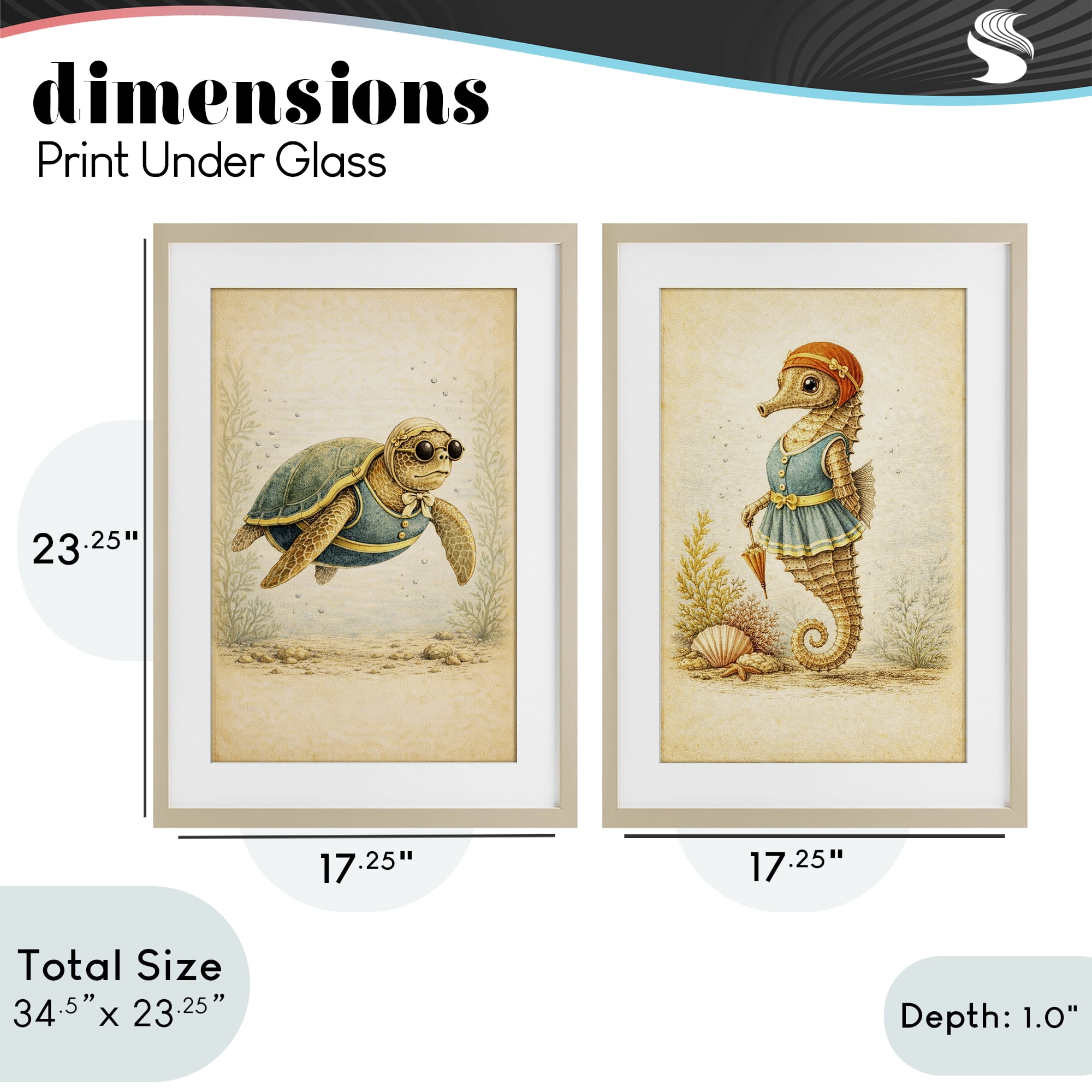Stupell Industries Vintage Maritime Bathing Animals 2 Piece Birch Framed Print Under Glass Set, design by Grotto Studios
