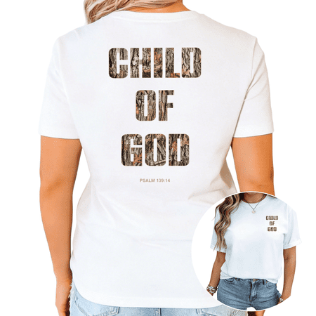 UNISHE Women s Child of God Psalm 139:14 Camo Print Graphic Short Sleeve Crewneck T-Shirt Casual Faith Inspired Top