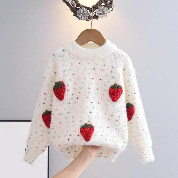 NAISIBABY Girls Sweater 7T, Crew Neck Strawberry Knitted Long Sleeve Pullover Fashion Sweater White(1-12T)