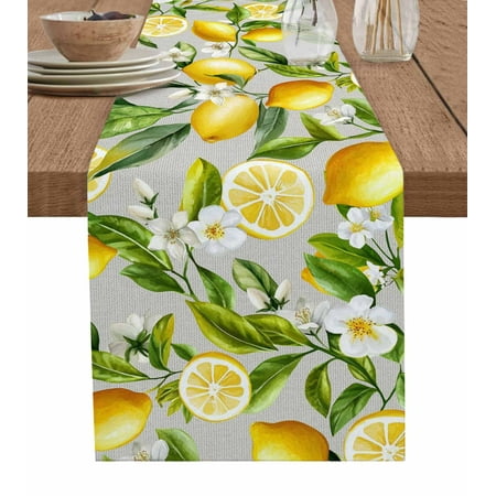 

Summer Lemon Table Runner Yellow Green Watercolor Botanical Tablerunners 13 x 72 Inch Table Decorations Tabletop Scarf for Summer Gathering Holiday Farmhouse Kitchen Dining Decor
