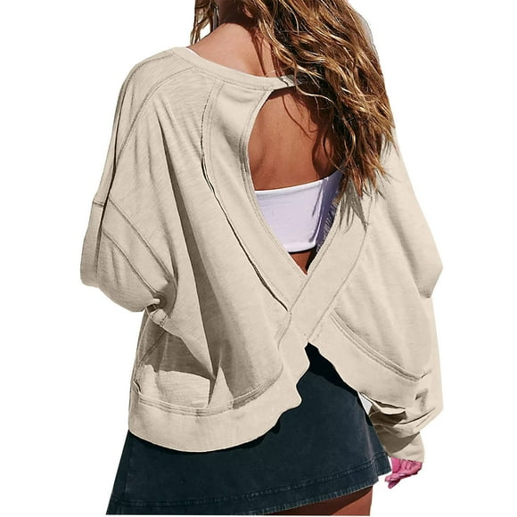 Women's Backless Loose Shirt Long Sleeve Open Back Cross Sexy Blouse Loose Oversized Shirts Basic Tee